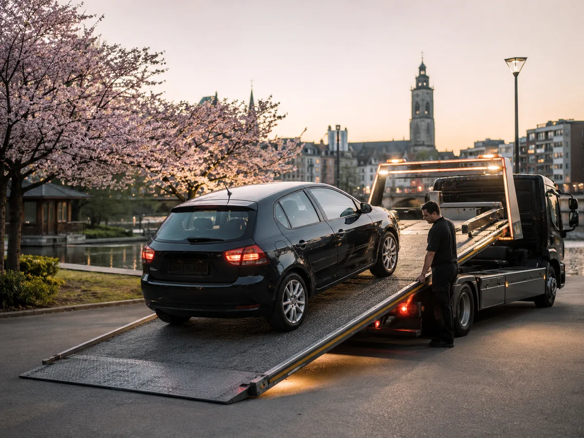 Auto wordt in Hasselt op een oprijwagen geladen voor gratis ophaling, met de binnenstad op de achtergrond
